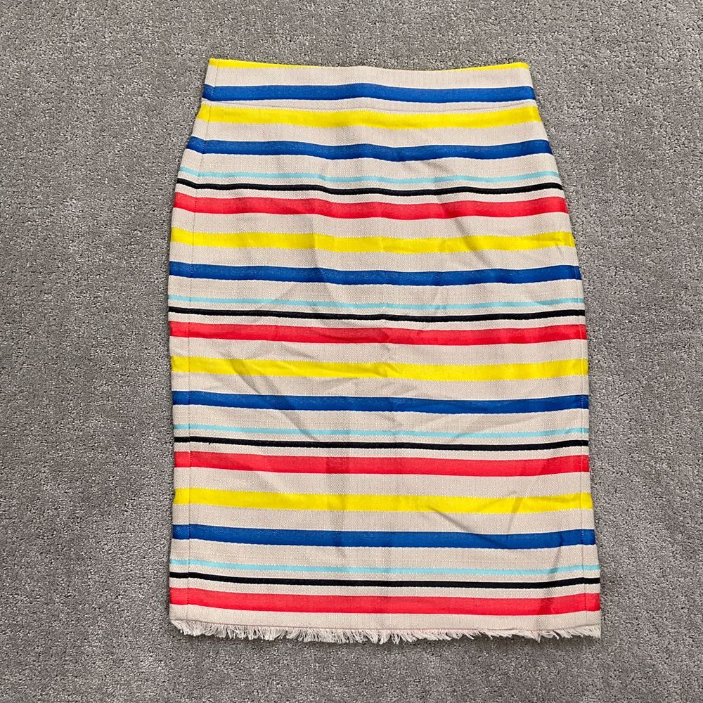 J Crew Skirt Women 4 Beige Yellow Stripe Woven Fringe Lined Pencil Boho Cotton